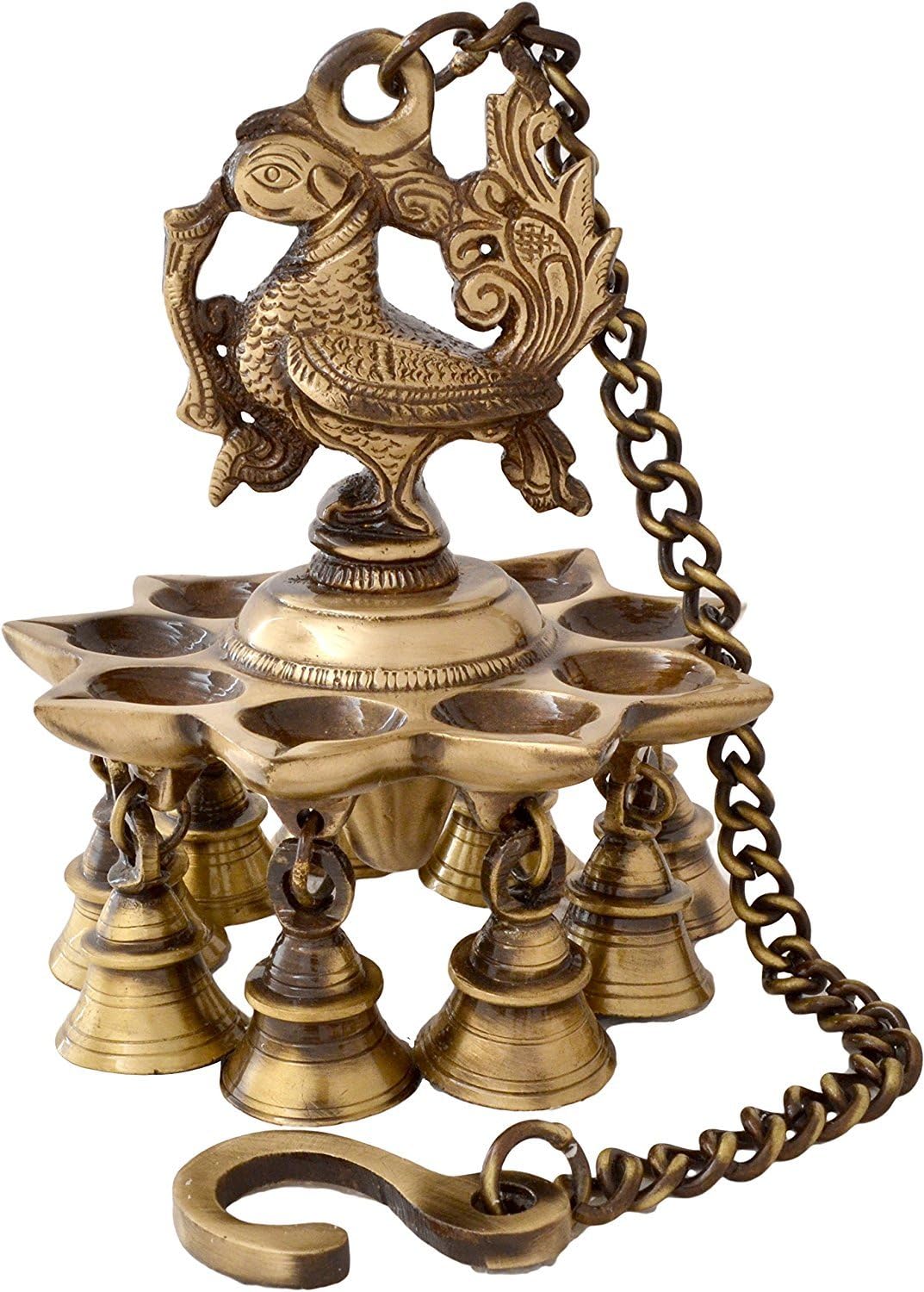 Spiritual World Peacock Hanging Brass Diya with Bells | Home Décor
