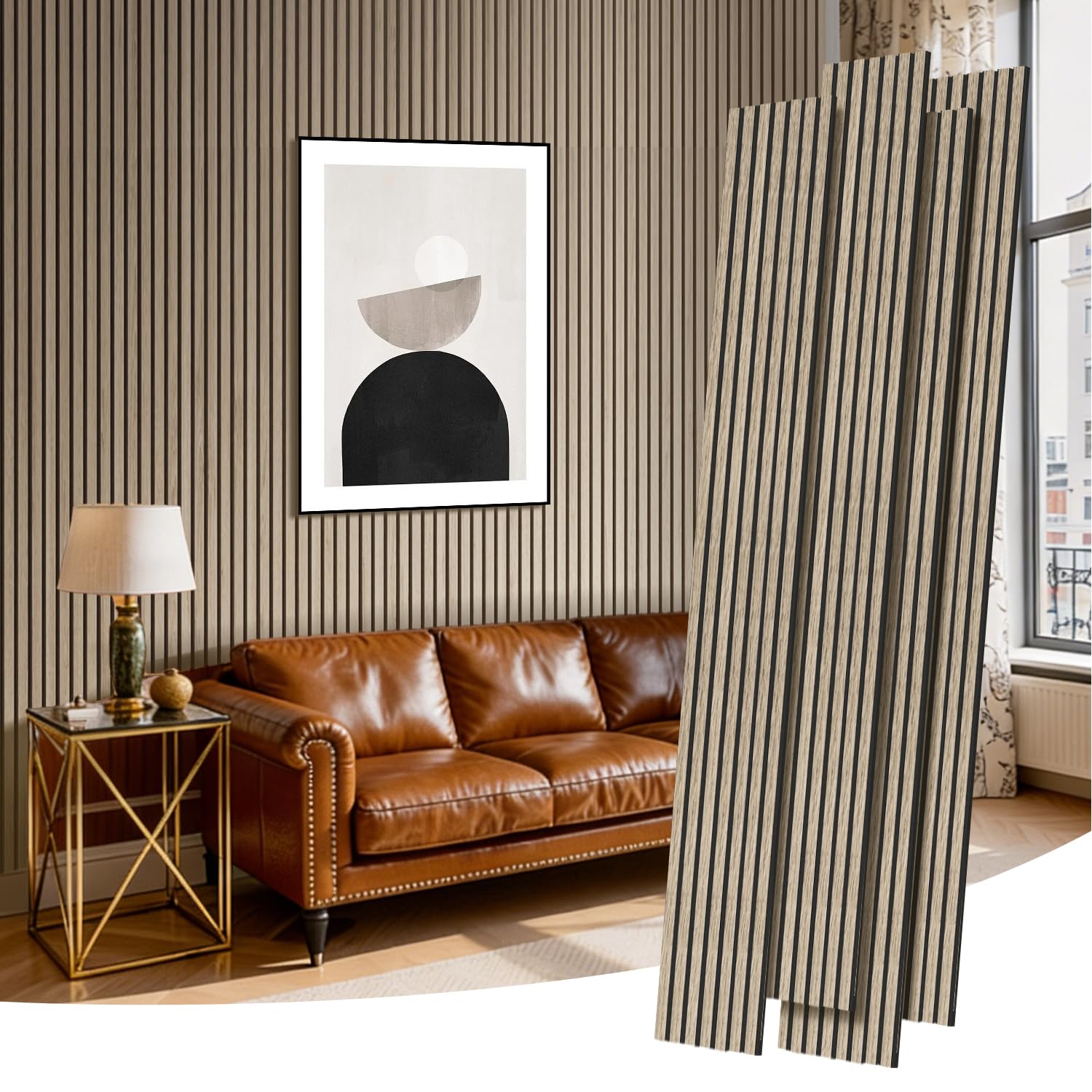 Photo 1 of RITOLLO Wood Panels for Wall, Acoustic Wall Panels 92.5 x 11 in, 4 Pack, 3D Wood Slat Sound Absorbing Panels for Interior Wall Decor, Home Office Studio (American Walnut)