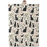 ICAAV Black Cat Botanical Flannel Blanket 50x60in, Cute Nature Throw with Black Cats, Flowers, Leaves and Butterflies, Soft Lightweight Blankets for Kitten Lovers, Witchy Decor Gifts