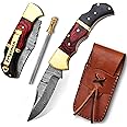 Limited Edition , Damascus Pocket knife , Damascus Pocket Knife with Clip , Pocket knife men , Pocket Knife , Custom knife , Damascus Pocket knife with sheath , Knife with sheath , Indoor & Outdoors Activities , Damascus Hunting knife , Folding Hunting Knives , Folding Pocket Knife (Red Wood)