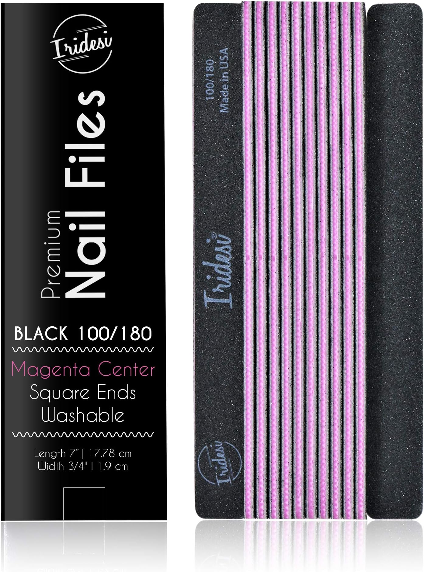 Professional Nail Files Black Washable Emery Boards 7 Inches Long Square End Serrated Edge 12 Fingernail Files Per Pack (100/180)