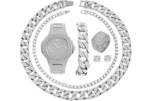 CHARLES RAYMOND Fully Iced Mens Big Rocks Bezel Color Dial with Roman Numerals, Cuban Chain Bracelet, Cuban Necklace, Tennis Chain & Ring - ST10327CRNT