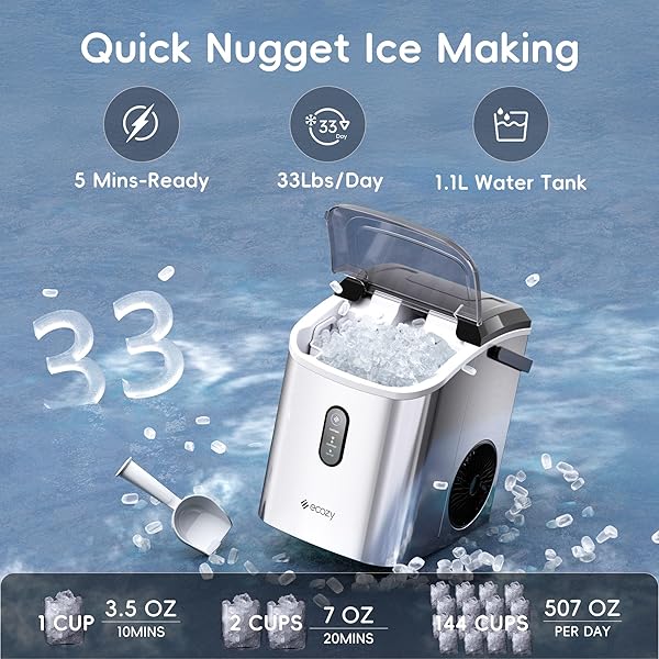 ECOZY NUGGET ICE MAKER COUNTERTOP WITH HANDLE, PEBBLE ICE IN 5 MINS, 33 LBS PER DAY, SELF-CLEANING ICE MACHINE WITH ICE BAGS AND SCOOP, PORTABLE ICE MAKER FOR KITCHEN, BAR, PARTIES, CAMPING, RV