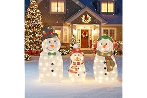 Tangkula 3-Piece Christmas Lighted Snowman Family Decoration, Pre-Lit 2D Xmas Snowman Set with LED Lights, Indoor Outdoor Chr