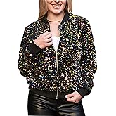 Anna-Kaci Women's Sparkly Sequin Jacket Glitter Long Sleeves Front Zip Up Bomber Jacket with Ribbed Cuffs
