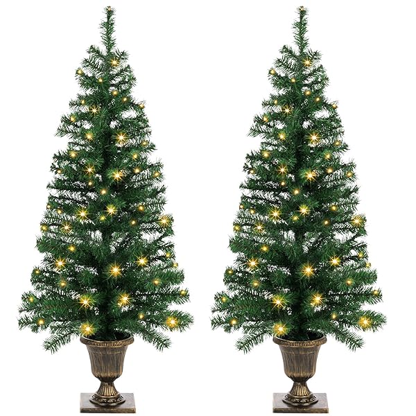 SET OF 2 CHRISTMAS TREES WITH LIGHTS 4-FT ARTIFICIAL URN POTTED PORCH CHRISTMAS TREE BATTERY POWERED WITH 8 MODES AND TIMER FOR INDOOR OUTDOOR