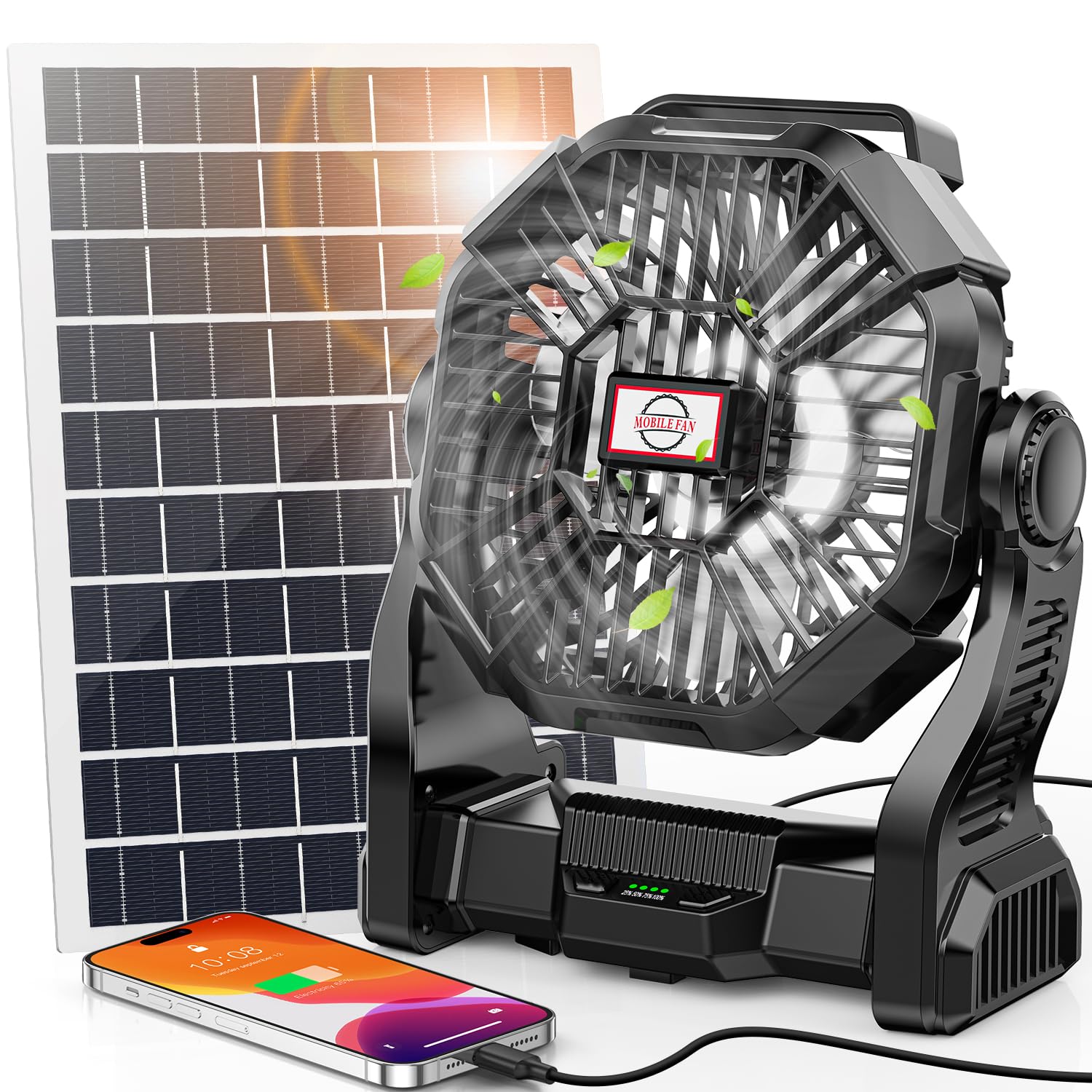 Photo 1 of 20000mAh Solar Fan with LED Lantern, 10W Solar Panel Rechargeable Battery Powered Camping Fan for Outside, 9 Inch Portable Battery Operated Hurricane Supplies for Picnic, Barbecue, Fishing, Travel