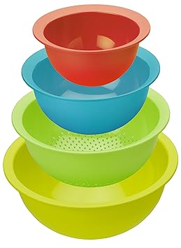 Rotho Caruba Set 3 Schüsseln und 1 Sieb, Kunststoff (BPA-frei), farbig sortiert, Volumen: 1 Liter / 2 Liter / 4.8 Liter und e