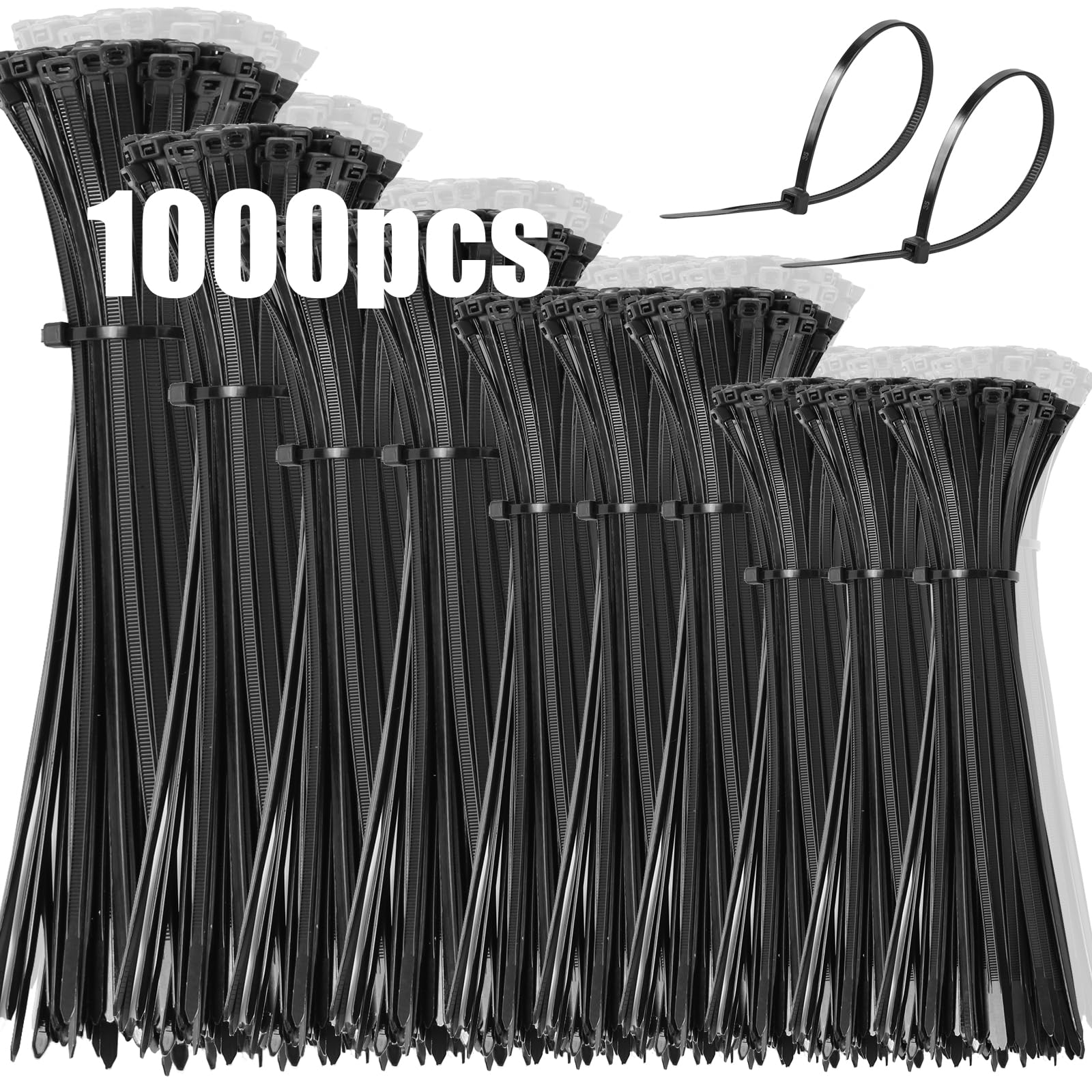 DUNSOO Black Cable Ties, 1000 Pack Heavy Duty Strong Nylon Premium Self Locking, 100/150/200/250/300 mm Multi-Purpose Plastic Tie Wraps for Home, Garden, Office and DIY