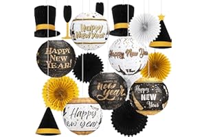 Raiten 18 Pcs 2025 Happy New Year's Eve Party Decorations Kit New Year Hanging Paper Lanterns Black Gold White Hanging Paper Fans Top Hat Wine Glass Hanging Honeycomb Ball for Party Favor