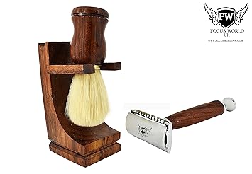 Klassisches Rasierset aus reinem Dachshaarpinsel, doppelter Holzständer und Rasierhobel-Set für Herren