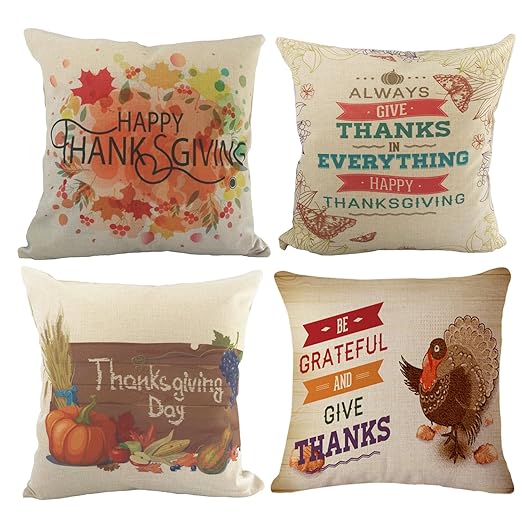 Happy Thanksgiving Throw Pillow Covers - Wonder4 Cotton Linen Home Decor Design Thanksgiving Decorations for Home Sofa Bedding Throw Pillow Case Cushion Covers 18x18 Inch Set of 4