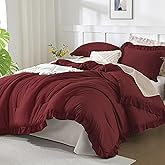 Andency Burgundy Comforter Set Queen Size, 3 Pieces Shabby Chic Ruffle Bedding Comforter Sets for Queen Bed, Lightweight Fluffy Soft Microfiber Farmhouse Comforter Set