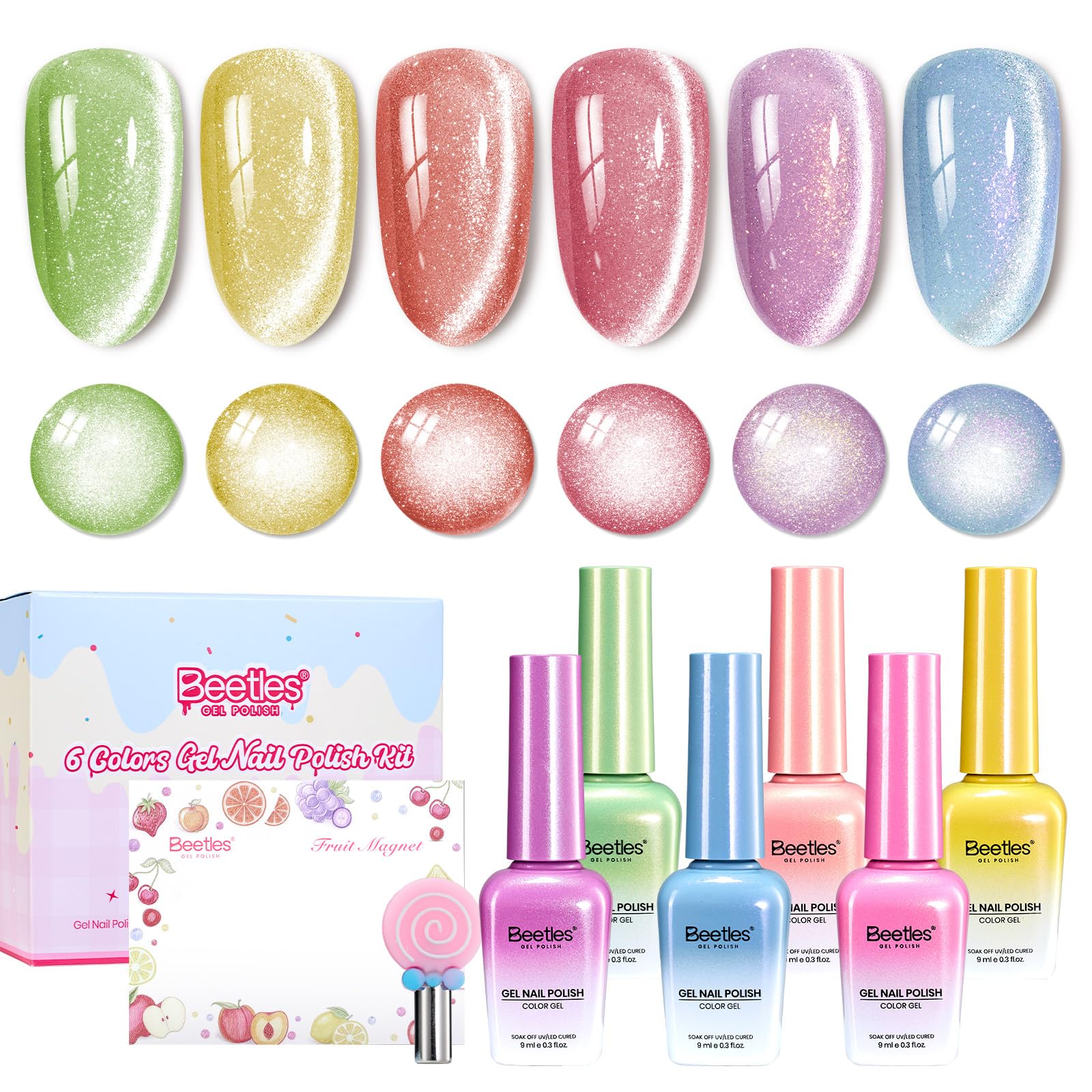 Beetles Fruit Magnet Cat Eye Gel Nail Polish Set - 6 Colors Spring Gel Polish Kit Glitter Cat Eye Pink Purple Blue Yellow Green Magnetic Shine Soak Off UV Salon DIY Manicure Gift for Women Image