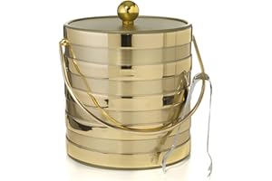 MR. ICE BUCKET BY STEPHANIE IMPORTS Hand Made In USA Matte/Shiny Brushed Gold Stripes Double Walled 3-Quart Insulated Ice Bucket With Ice Tongs (Metallic Deco Collection)