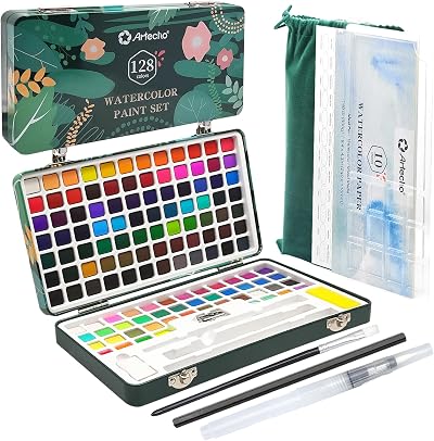 Artecho Watercolor Paint Set 128 Colors in Portable Box with Papers & Brushes