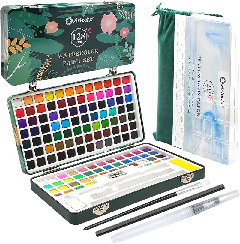 Artecho Watercolor Paint Set 128 Colors in Portable Box with Papers & Brushes