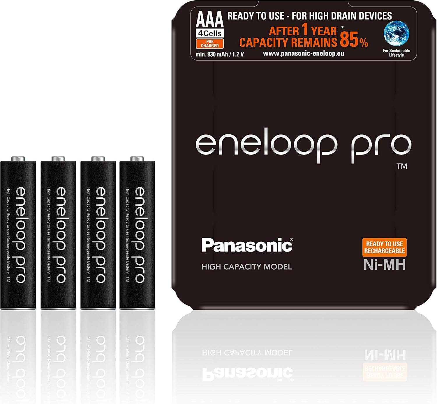 Panasonic Eneloop BK-4HCDE/4LE Ready-to-Use Ni-MH Battery AAA Micro Pack of 4 Black, 4 pack