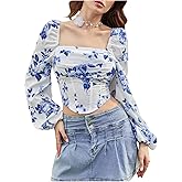 MakeMeChic Women's Floral Blouse Long Sleeve Crop Top Square Neck Back Zipper Going Out Tops