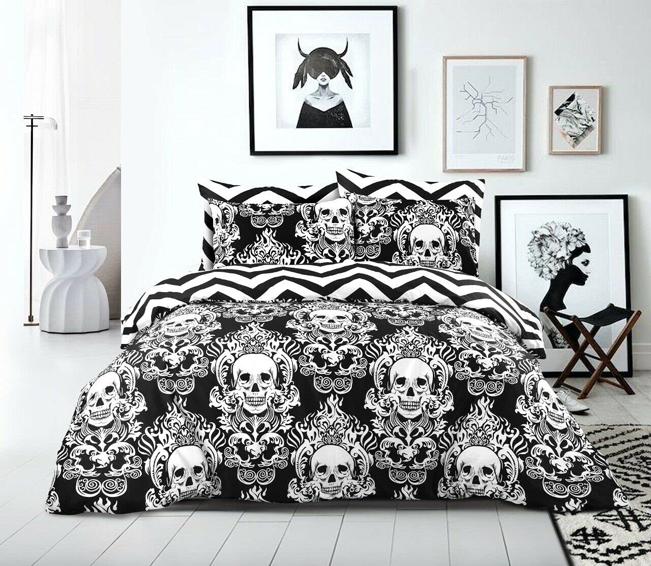 Halloween Baroque Skull Animal Print Duvet Cover Set 200 Thread Count 100% Cotton Black White Reversible Bedding Sets Double Super King Bed Size. (Super King)