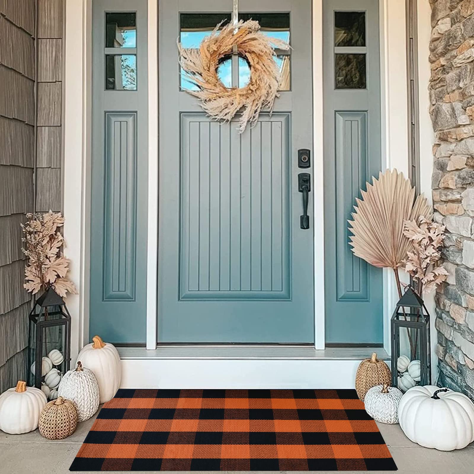 Photo 1 of MUBIN Cotton Orange and Black Plaid Rug, 27.5 x 43 Inches Fall Outdoor Front Door Decorative Mat, Hand-Woven Rug for Layered Door Mats Washable Carpet for Porch, Entryway, Farmhouse, Autumn, Halloween