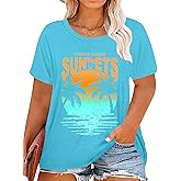 QAUN Plus Size Sunset Shirt Women: Summer Graphtic Tshirt Funy Saying Letter Tees Beach Short Sleeve Tops