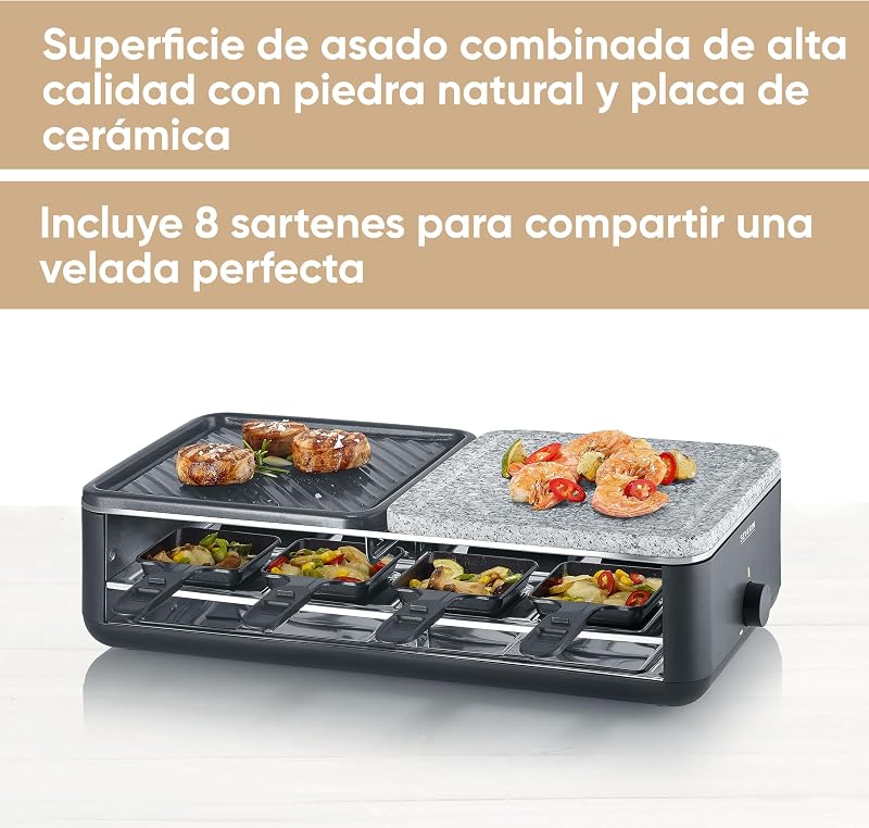 - Grelhador raclette com pedra natural e grelha com 8 tabuleiros com revestimento antiaderente 1300 W Preto RG 2366