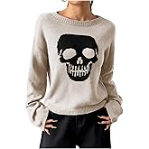 SweatyRocks Women's Halloween Skull Sweaters Long Sleeve Crewneck Pullovers Trendy Knit Tops