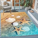 Teal Beige 3D Coastal Ocean Beach Theme Indoor Outdoor Area Rug 5'x7' No-Slip Reversible Rug for Patio Deck Backyard Balcony 