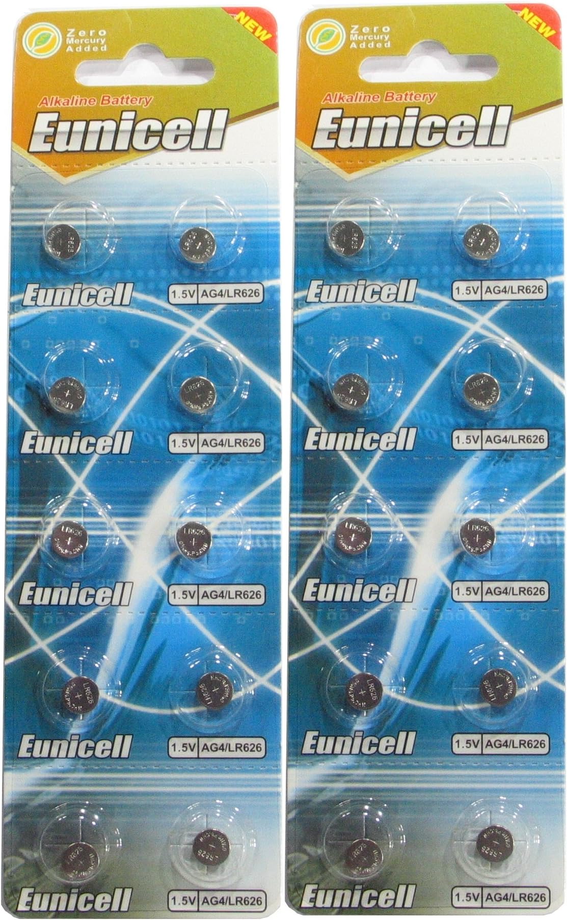 20 Eunicell AG4 / LR66 / 177/377 / LR626 Button Cell Battery Long Shelf Life 0% Mercury (Expire Date Marked)