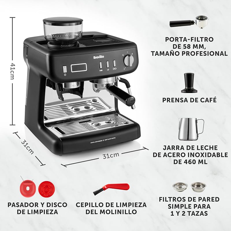 Barista Max+ cafetera espresso | Molido y dosificación inteligentes | Temporizador de extracción de precisión | Espumador de leche integrado | Bomba italiana de 15 bares | Negro [VCF152X]
