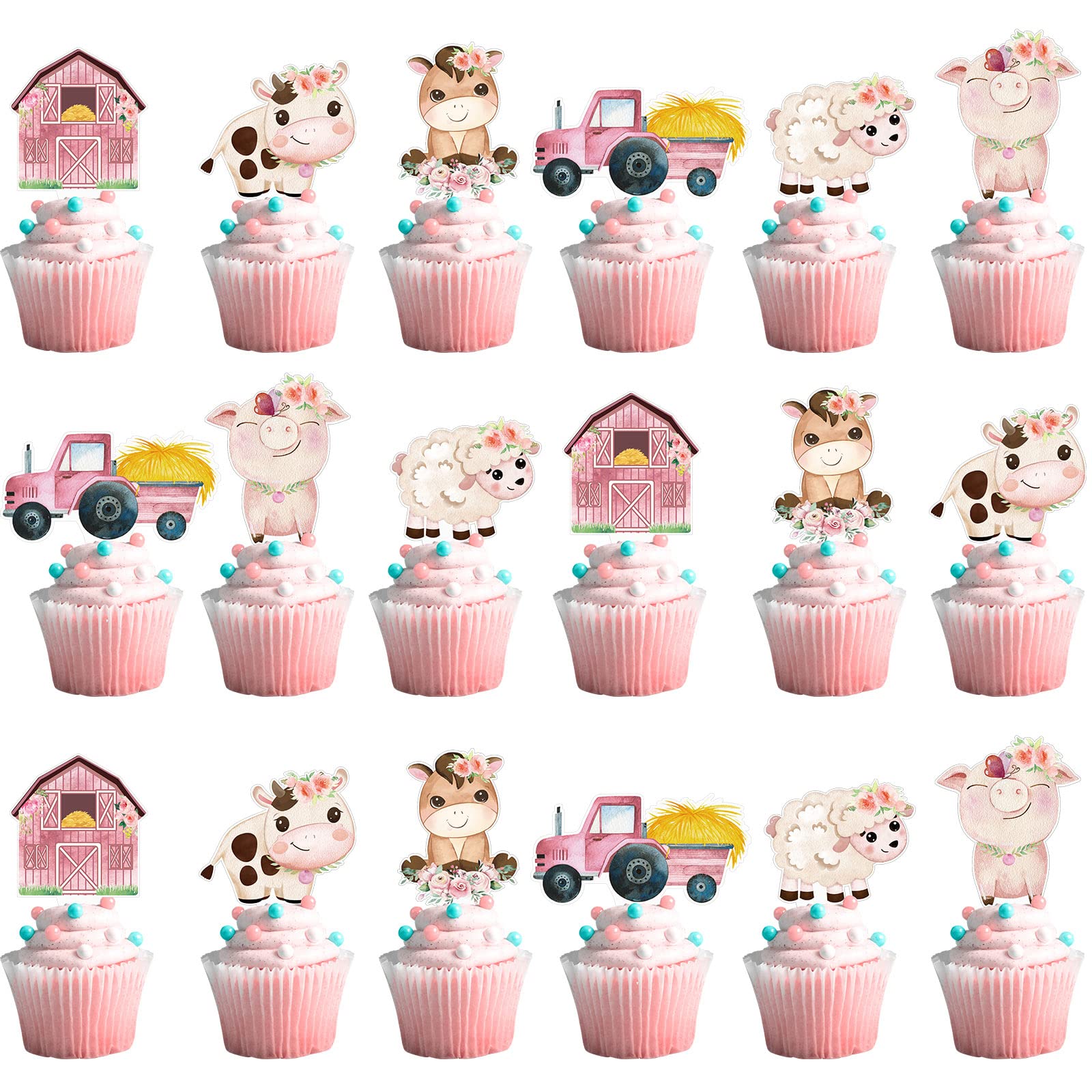Photo 1 of Hotop 48 Pcs Farm Animal Cupcake Toppers Pink Floral Farm Animal Birthday Theme Party Supplies Baby Shower Picks Barnyard Birthday Party Supplies for Girls Floral Pink Cute