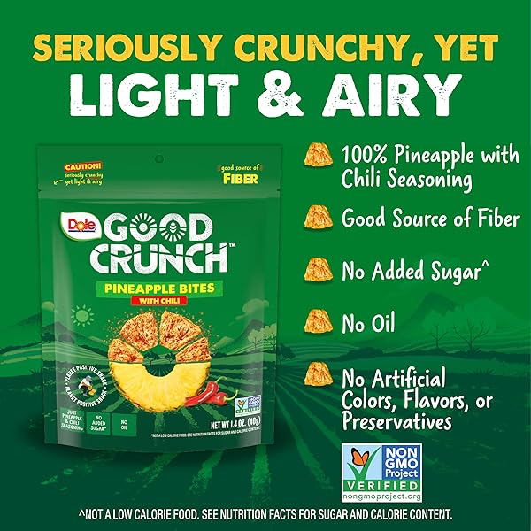 DOLE GOOD CRUNCH PINEAPPLE WITH CHILI DRIED FRUIT BITES, GLUTEN FREE & VEGAN SNACK, 1.4OZ BAG
