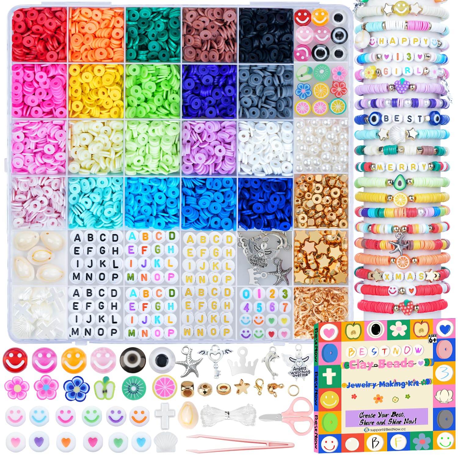 BestNow Clay Beads Bracelet Making Kit for Beginner 5000 Pcs Preppy Polymer Clay Beads with 3 types Letter beads Charms Kit for Jewelry Making DIY Arts and Crafts Birthday Gifts Toys for Kids Age 6-13