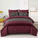 Luxudecor Burgundy Comforter Set Queen Size 7 Pieces Red and Black Stripe Bed in a Bag Geometric Comforter and Sheet Set, Soft Microfiber Complete Bedding Sets for All Seasons
