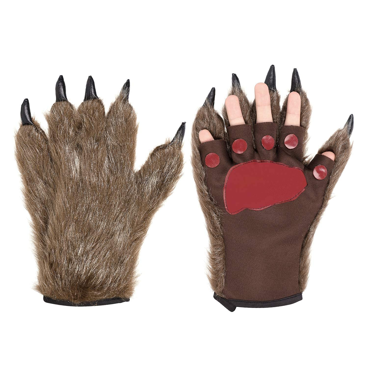 SIQITECHUK Wolf/Bear Claw Gloves - Brown, One Size, Adult, Unisex, Polyester, Leather, Fingerless, Animal Paws, Cosplay, Fancy Dress, Halloween, Christmas, Carnival, Party Accessory