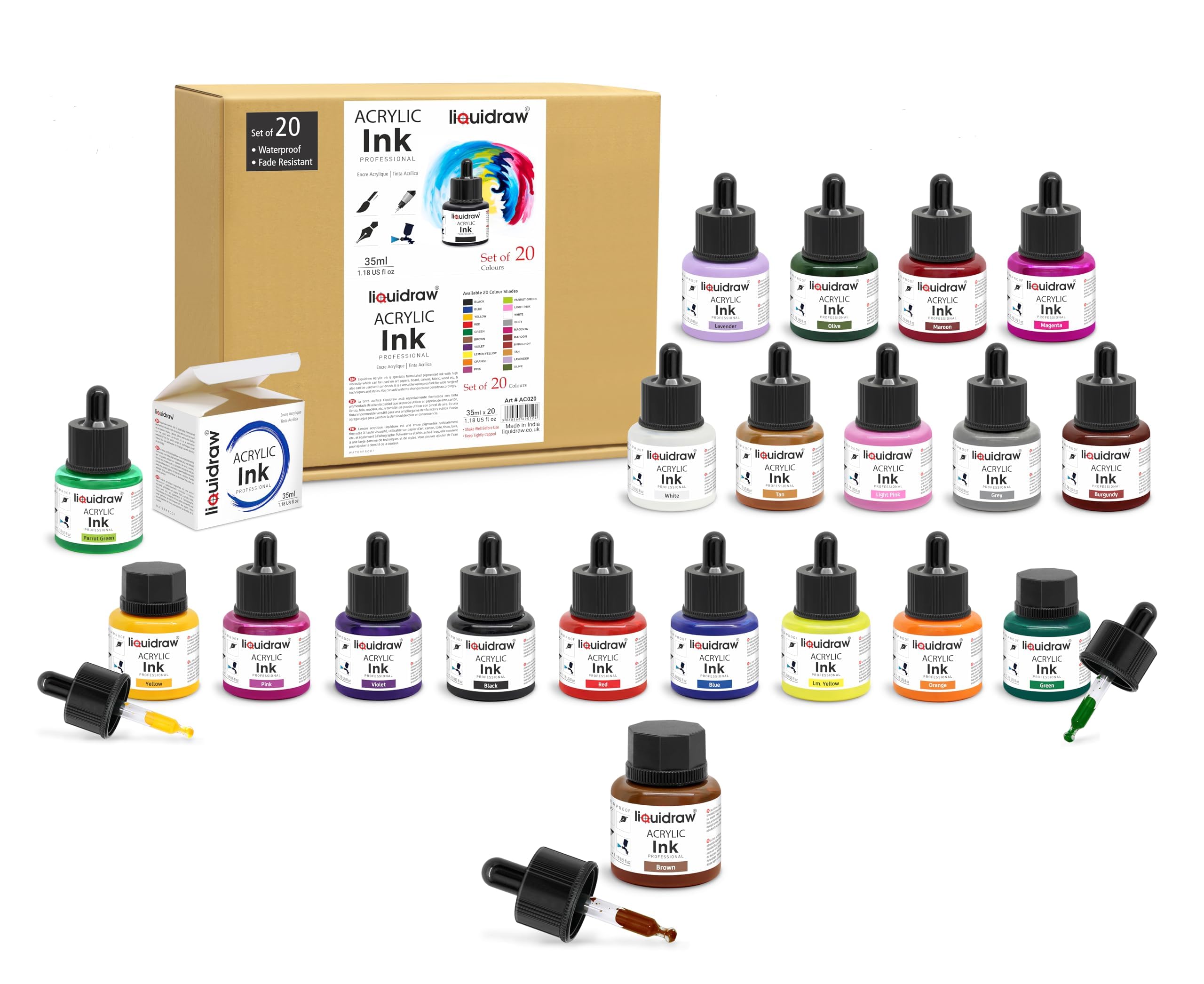 Liquidraw Acrylic Drawing Ink - 20 Assorted Colours | 35 ml Bottles with Ink Dropper | Suitable for Painting, Art Drawing & Design | for Professionals, Artists, Students & Hobbyists | Waterproof