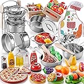 Play Kitchen Accessories, Large Stainless Steel Toddler Cooking Set, Kids Kitchen Playset with Cutting Play Food, Condiments, Chef Apron & Hat, Service Bell, Toy Food with 2 Baskets, Boys Girls Gifts.