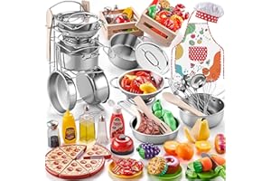 Play Kitchen Accessories, Large Stainless Steel Toddler Cooking Set, Kids Kitchen Playset with Cutting Play Food, Condiments,