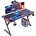 HLDIRECT 47 Inch Gaming Desk with LED Lights, Ergonomic Computer Table with Carbon Fibre Surface, Sturdy PC Workstation Desk for Home Office with Headphone Hook, Cup Holder, Black