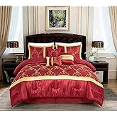 Chezmoi Collection Martha 7-Piece Floral Vine Embroidered Comforter Set Queen Size - Burgundy/Gold Faux Silk Comforter Soft Lightweight Breathable Bedding