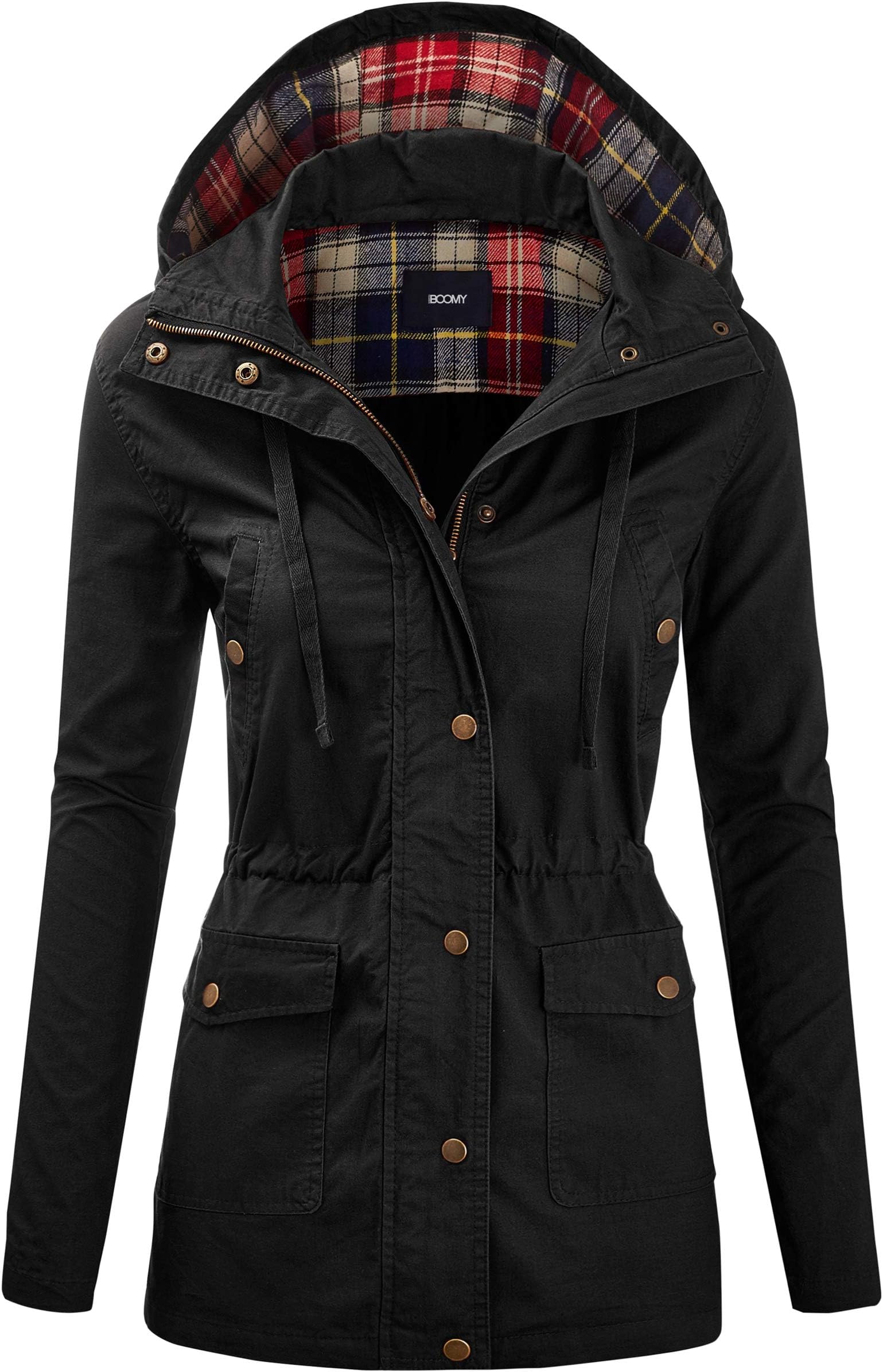 Women's Zip Up Safari Military Anorak Jacket with Hood Drawstring - Regular and Plus Sizes