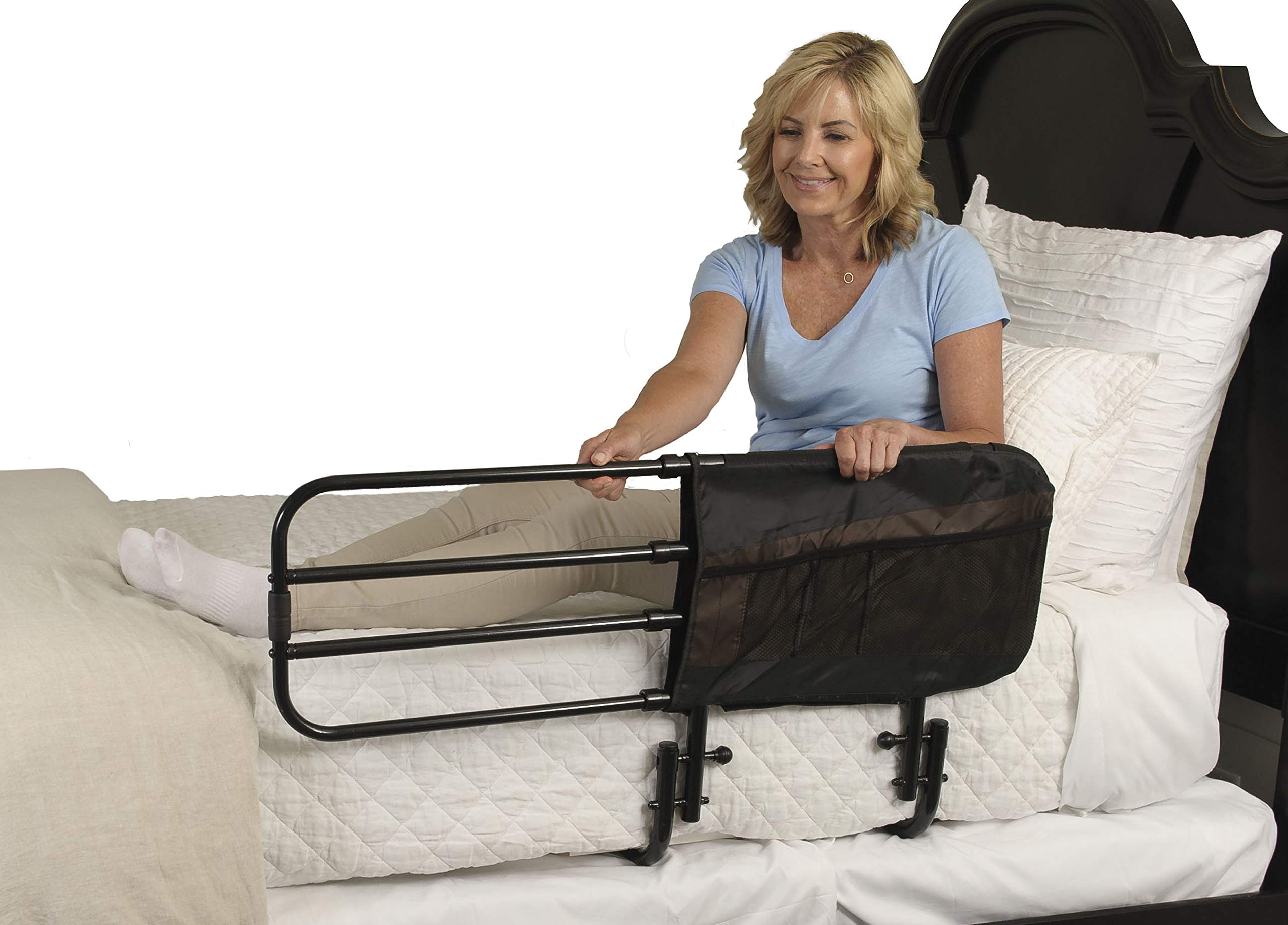 Stander EZ Adjust Bed Rail, Adjustable Senior Bedrail and Bedside Standing Assist Grab Bar with Organizer Pouch