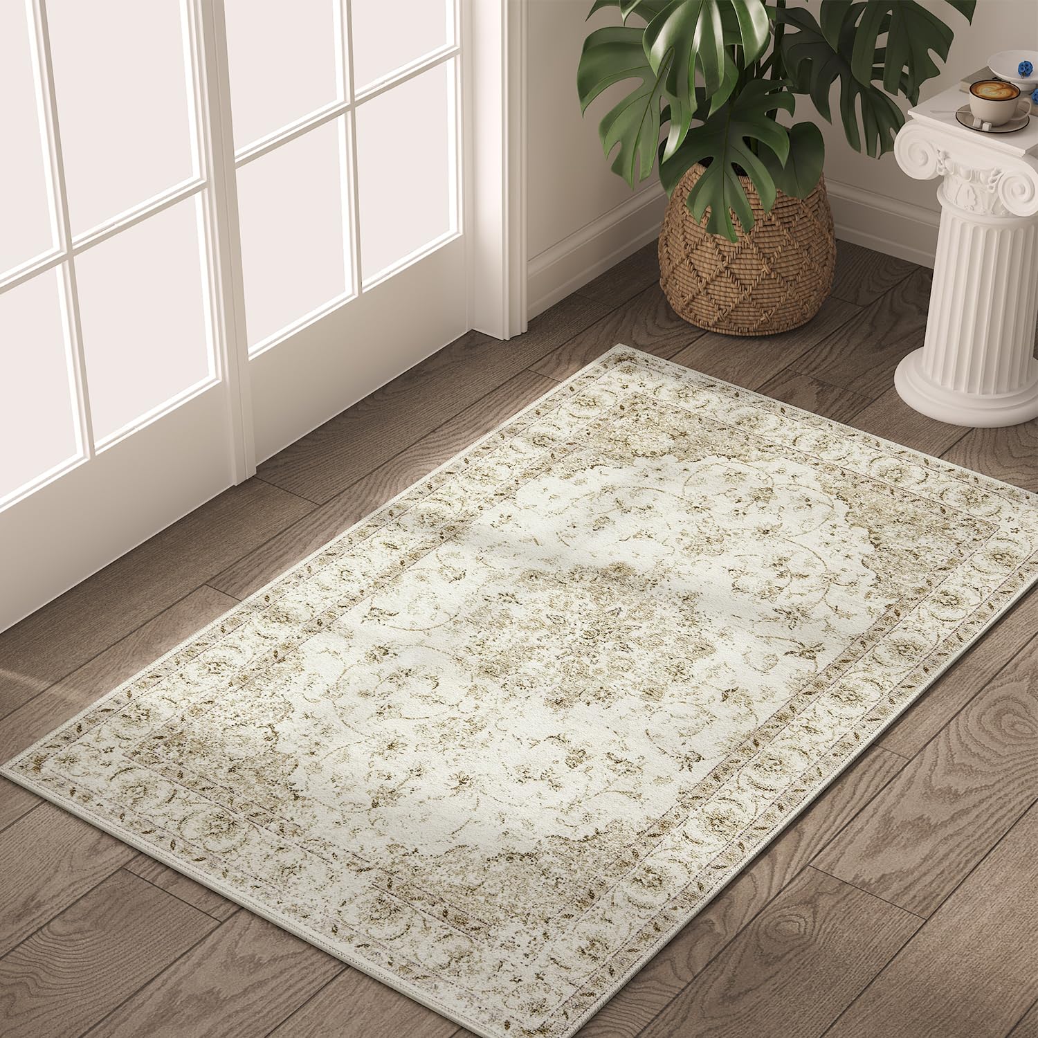 Photo 1 of jinchan Floral 2x3 Rug for Entryway - Machine Washable Non-Slip Distressed Indoor Doormat Low-Pile Small Ultra-Thin Vintage Accent Rug for Kitchen Bathroom Bedroom (2x3ft,Taupe)