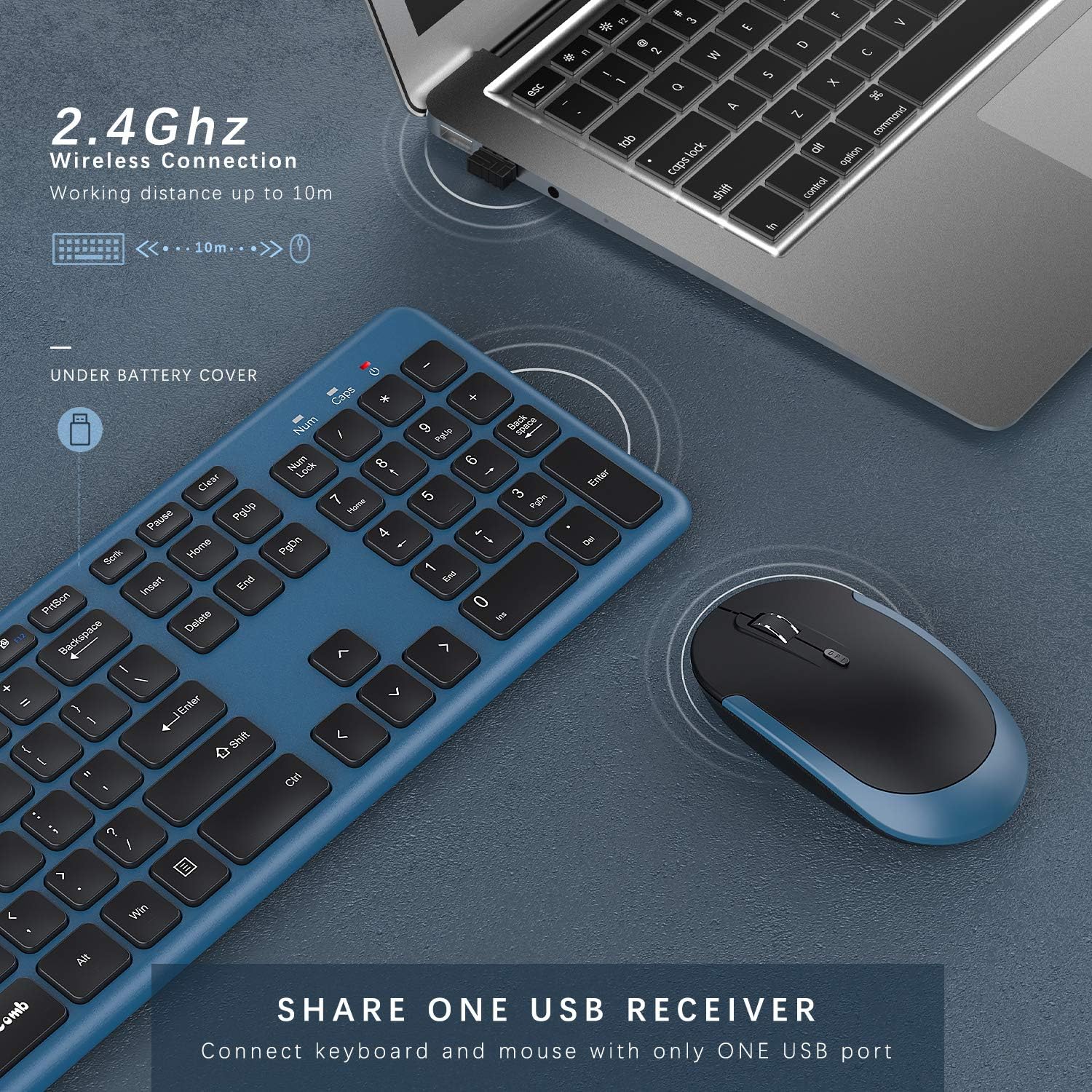 Wireless Keyboard and Mouse, Jelly Comb 2.4GHz Ultra Thin Full Size Wireless Keyboard Mouse Combo Set with Number Pad for Computer, Laptop, PC, Desktop, Notebook, Windows 7, 8, 10 (Sapphire Blue): Computers & Accessories