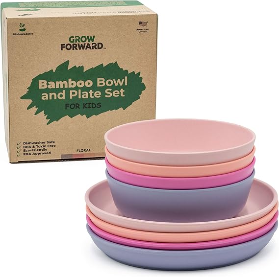 Grow Forward Kids Bamboo Bowl and Plate Set 4 Bamboo