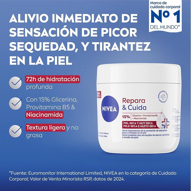 Repara & Cuida Crema hidratante corporal, facial y para manos (1 x 400 ml), crema hidratante 72 h con glicerina y vitamina E pura, para piel seca y muy seca