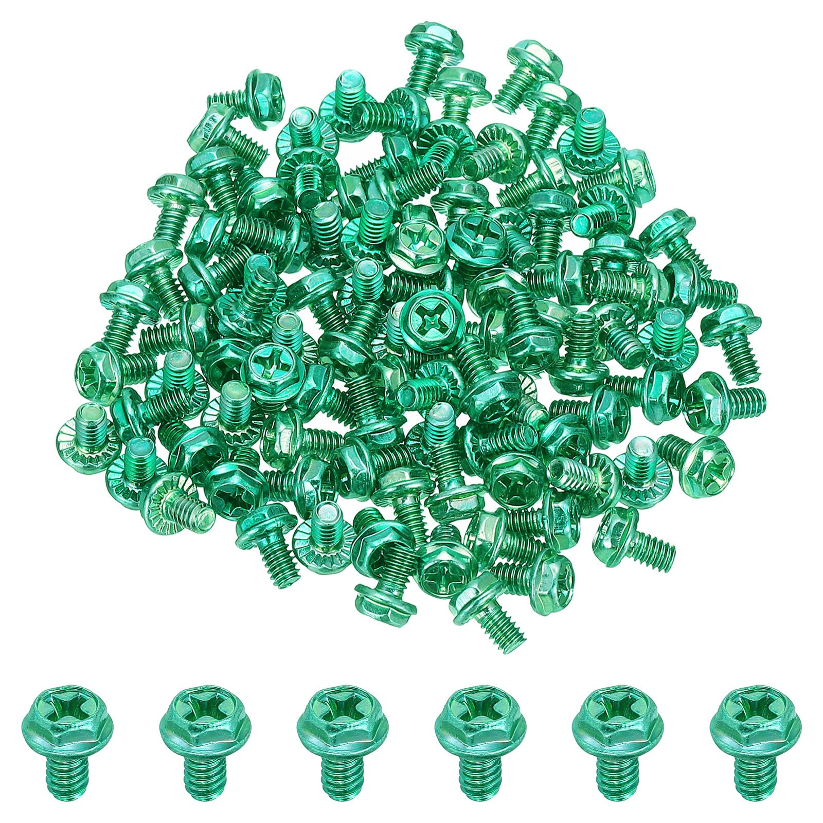 PATIKIL 5/32 x 1/4 Inch Thread Ground Screws, 100 Pack Green Electrical Grounding Screw Hex Phillips Head Flanged for Home Electrical Lamp