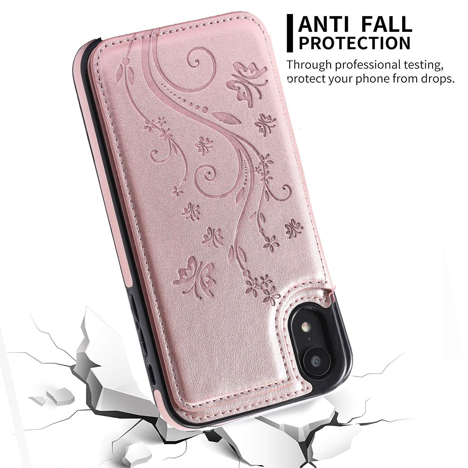 Bogumil iPhone XR Wallet Case, PU Leather iPhone XR Case with Credit Card Holders Double Magnetic Buttons Flip Shockproof Protective Cover Compatible iPhone XR (Rose Gold)