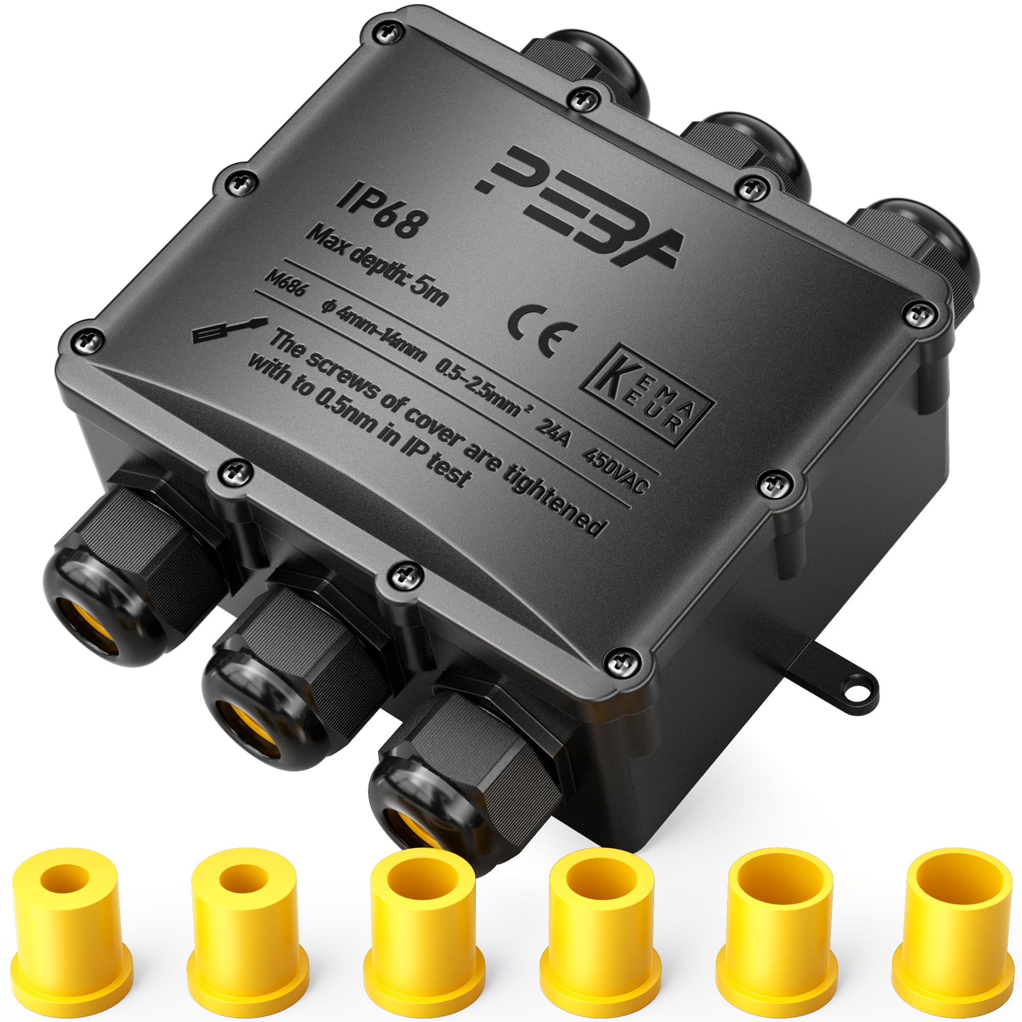 PEBA® IP68 Waterproof Junction Box,Waterproof Cable Connector Outdoor, 6-Way Outdoor Cable Connectors, Wire Connector,Extension Electrical Cable Protector for Cable Diameter Ø4mm-14mm Black — image 1